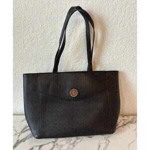 Anne Klein Black Pebble Faux Leather Medium Satchel Handbag. Polka Dot Lining